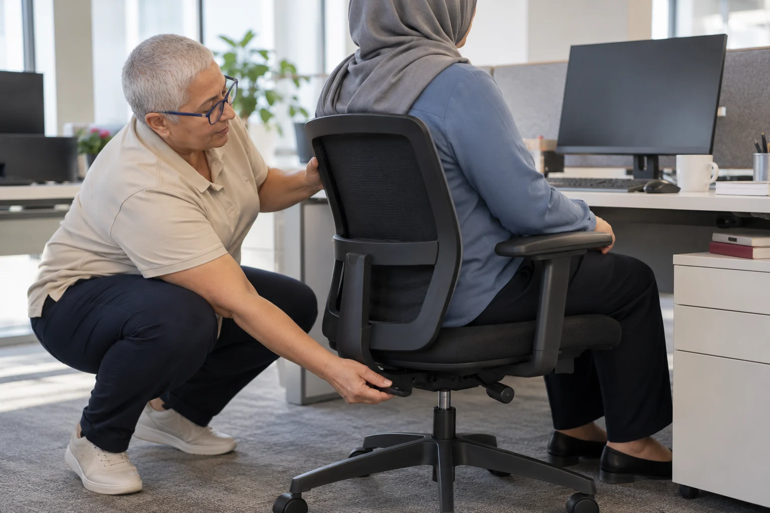 Ofis sandalyesinin ergonomik ayarını gösteren fizyoterapist — temsili görsel